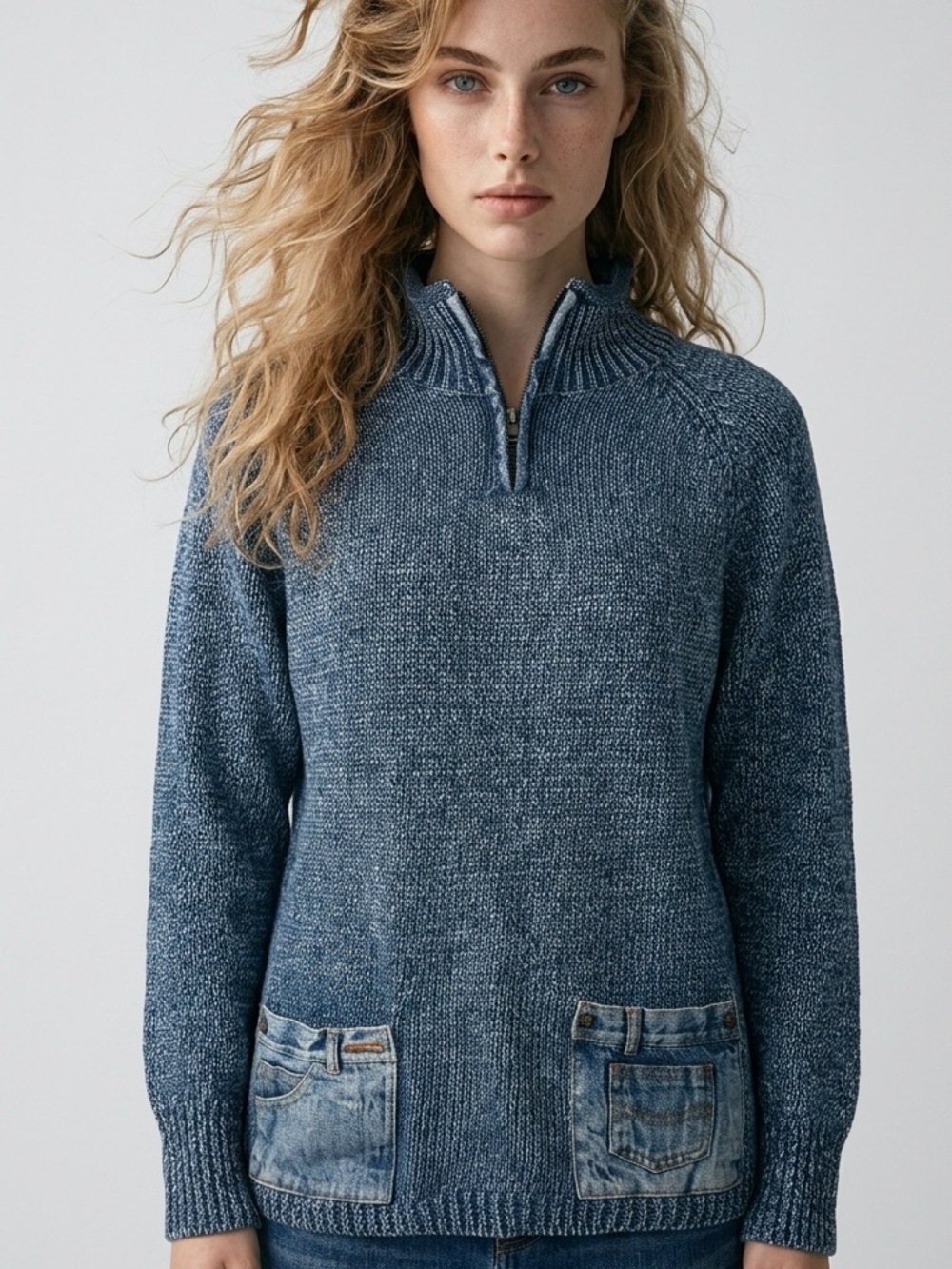 Vintage 90s PBJ Blues Quarter Zip Knit Sweater Denim Pockets Patches Faded Blue